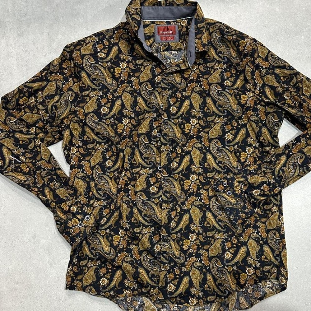Men's Consequence black & gold paisley floral button up shirt size XL